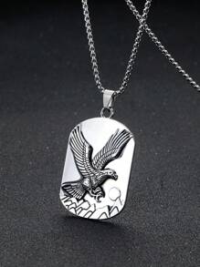 1個男士鍍銀合金鷹形和狗牌吊墜項鍊,不鏽鋼鍊條,時尚休閒鈦鋼魅力飾品 - 銀色 - 查看 3