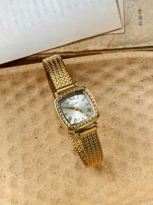 1 件法式復古風格金色錶盤石英銅錶帶女式腕錶,優雅、時尚、精緻、小巧,非常適合日常佩戴、晚宴等場合裝飾您的手腕 - 金色 - 查看 4