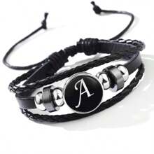 suteyi Personalized Alphabet PU Leather Bracelet, Handmade & Stylish, Glass Beads, Plated White K, Comfortable & Gift For Ages 15+
