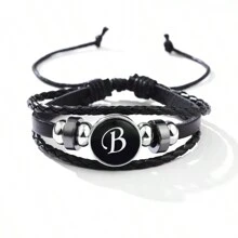 suteyi Personalized Alphabet PU Leather Bracelet, Handmade & Stylish, Glass Beads, Plated White K, Comfortable & Gift For Ages 15+