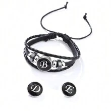 suteyi Personalized Alphabet PU Leather Bracelet, Handmade & Stylish, Glass Beads, Plated White K, Comfortable & Gift For Ages 15+