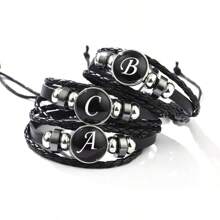 suteyi Personalized Alphabet PU Leather Bracelet, Handmade & Stylish, Glass Beads, Plated White K, Comfortable & Gift For Ages 15+