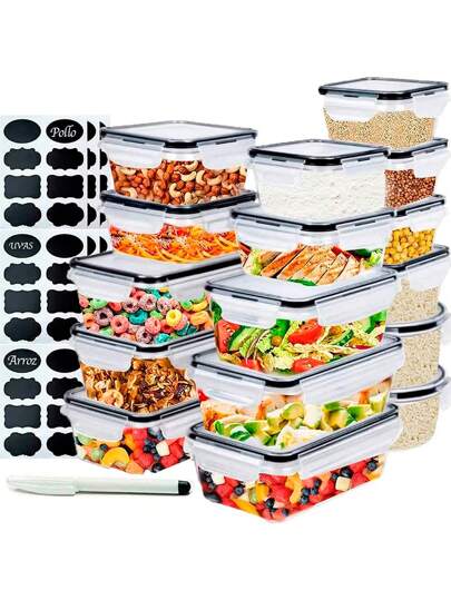 Brandtrendy 16 Contenedores Recipientes Herméticos de Plástico con Tapa de Liga Negra para Transportar, Almacenar y Organizar Alimentos, Incluye 24 Etiquetas Impermeables y Marcador Blanco, Aptos para Microondas, Lavavajillas y Nevera