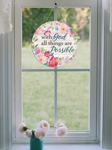 1 pièce Panneau de porte de bienvenue de printemps, avec la mention "Avec Dieu, tout est possible" en forme ronde en bois pour accroche murale. Décoration de porte d'été en bois avec fleurs et papillon pour la décoration de la maison, de la chambre et du mur. - Multicolore - Voir 3