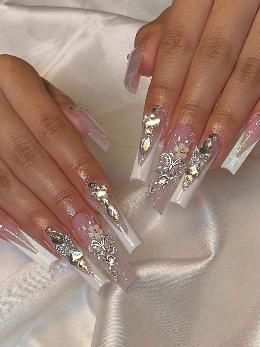 Lãng mạn với 24 móng tay hình trái tim bướm dài lãng mạn hình hoa cúc nhỏ kèm 1 miếng keo thạch và 1 dũa bấm lên móng tay Đồ dùng làm móng - Nhiều màu - Xem 1