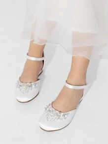 Girls Dress Shoes Toddler Little Big Girls Heels Low Wedge Pumps Hook-And-Loop Straps With Pearls Rhinestone For Flower Girl Princess Wedding Party,The Low Wedge Heel Is Set On A Slip-Resistant Outsole That Allows For Greater Stability And Balance. - trắng - Xem 4