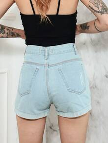 Women Denim Shorts - 淺色水洗藍 - 查看 8