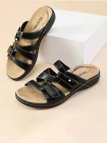 Women's Slides Sandals Slip On Adjustable Straps Comfort Soft Cushion Slippers Flat Sandals - 黑色 - 查看 1