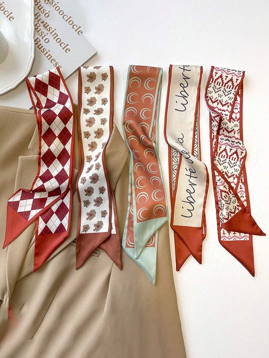 5入組女士紅色花卉印花圍巾和髮帶,適用於休閒、優雅、日常、約會和禮物搭配 - 彩色 - 查看 1