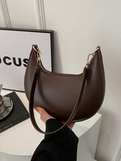 1pc Zipper Closure Pu Solid Color Crescent Shoulder Bag With Armpit Bag, Fashionable Retro Work Office Shoulder Bag For Women Daily Use, Minimalist Style Women Bag, Tready Crescent Moon Bag For Women, Retro Inspired Vintage Bag For Women