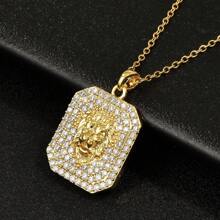 A Golden Stainless Steel Chain With Gold-Plated Cubic Zirconia Full Rhinestone Square Lion Head Creative Personalized Design Pendant Necklace Ins Fashion Light Luxury Punk Sports Neutral Style All-Match Couples Street Daily Gift Commuting Holiday Party Wear - Yellow Gold - View 5