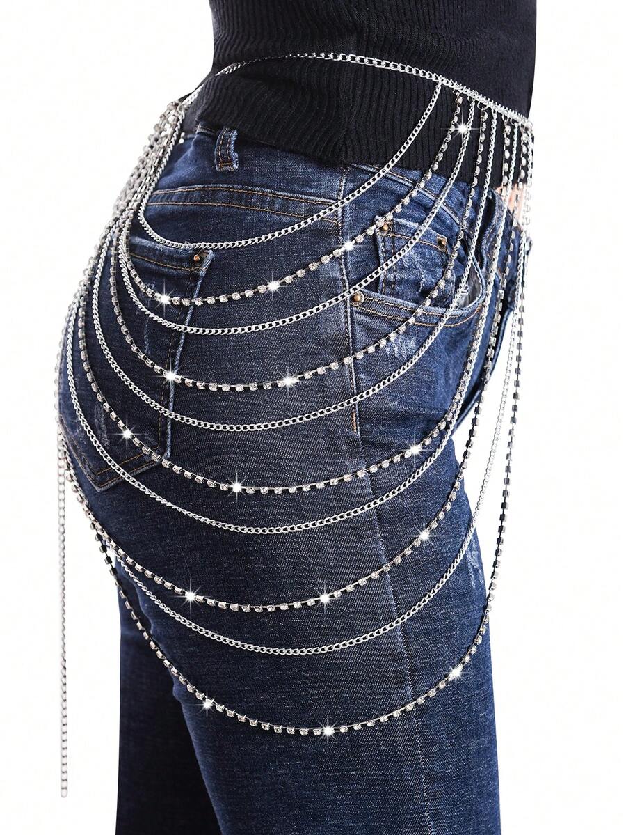 1 Miếng Sành điệu Màu bạc Pha lê Dây chuyền thắt lưng Liên hoan âm nhạc Kim loại Nhiều lớp Tua Dây chuyền cơ thể , Thích hợp Đối với Các bữa tiệc , Ánh sáng , Và - Bạc - Xem 1