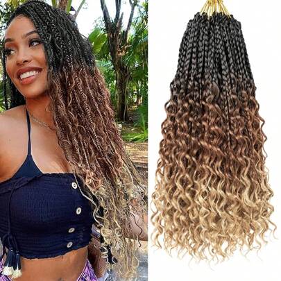 24-Inch Boho Box Braids Crochet Hair, 1/6 Packs Boho Goddess Box Braids Crochet Hair For Women Crochet Box Braids With Curly Ends Bohemian Hippie Crochet Braids, Synthetic Hair Extension (1B/30/27 )