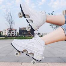 PHTEER Transformable Flashing Roller Skates, Four Wheels, Unisex Double Wheels For Students, Retractable Wheels Roller Shoes For Adults, Button Control One-Key Retractable Inline Skates For Teenagers And All Seasons