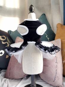 1pc Cute Black & White Diamond-Studded Pet Dress Suitable For Weddings, Photography, Outings, Etc. - Black - View 8