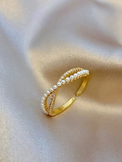 1pc Wedding Bridal Party Fashion Ring, Cross Design With Pearl & Rhinestone Decor, Size Adjustable, Gift For Women On Valentine's Day. Suitable For Weddings, Parties, Music Festivals Or Daily Wear Of Couples In All Seasons. Elegant