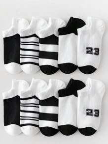 10對/組童裝黑白條紋運動襪,休閒透氣,適用於日常穿著和運動鞋 - 黑與白 - 查看 1