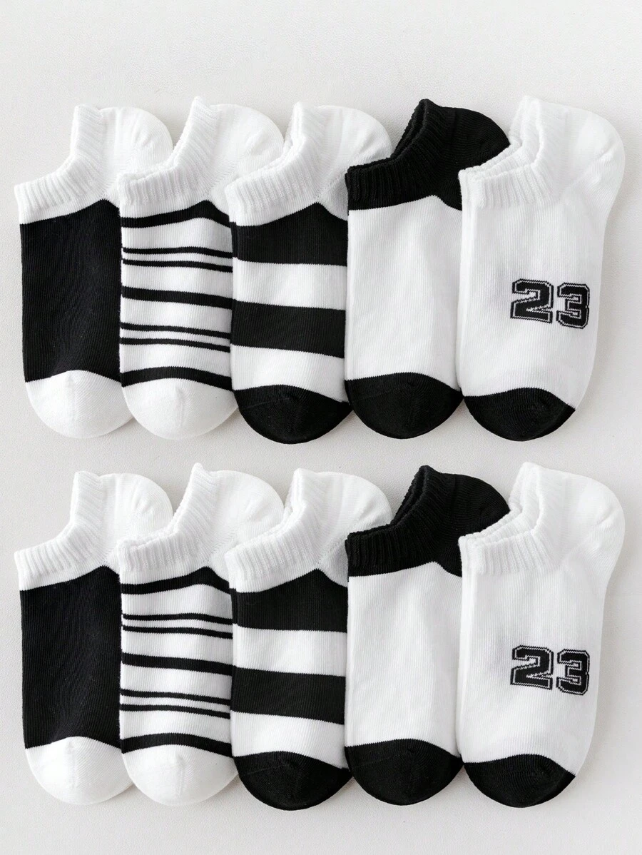 10對/組童裝黑白條紋運動襪,休閒透氣,適用於日常穿著和運動鞋 - 黑與白 - 查看 1