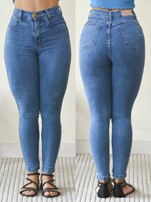 Calça Jeans Feminina Premium Skinny Cintura Alta Levanta Bumbum com Lycra Elastano - Lavagem Média - Visão 1