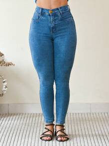 Calça Jeans Feminina Premium Skinny Cintura Alta Levanta Bumbum com Lycra Elastano - Lavagem Média - Visão 5