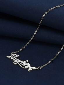 简约时尚个性女定制蝴蝶不锈钢名字项链母亲节情人节纪念毕业女友生日礼物情人 - 銀色 - 查看 3