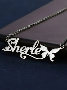 简约时尚个性女定制蝴蝶不锈钢名字项链母亲节情人节纪念毕业女友生日礼物情人 - 銀色 - 查看 4