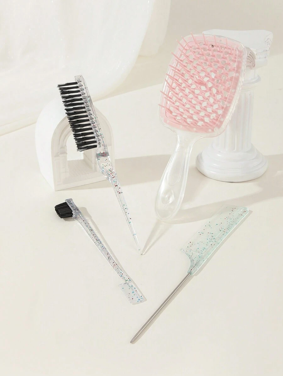 4pcs Hair Styling Brush Set, Includes Glossy Volumizing Comb, Pointed Tail Comb, Edge Comb, Double-Sided Pointed Tail & Edge Control Comb, For Parting, Back-Brushing, Detangling, Smooth Hairstyling, Hair Massage Quick-Dry Honeycomb Tangle-Free Straight Hair Styling Hollow Comb, Hair Brush/Comb, Hair Brush/Comb - Multicolor - View 1