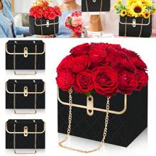 1/3 Hộp quà hoa giấy có dây xích kim loại, hộp đựng bó hoa, túi đựng hoa, túi xách đựng quà thủ công cho tiệc cưới, sinh nhật, Ngày của Mẹ, Ngày Valentine, quà tặng cho phụ nữ - màu đen - Xem 1