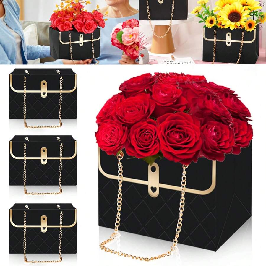 1/3 Hộp quà hoa giấy có dây xích kim loại, hộp đựng bó hoa, túi đựng hoa, túi xách đựng quà thủ công cho tiệc cưới, sinh nhật, Ngày của Mẹ, Ngày Valentine, quà tặng cho phụ nữ - màu đen - Xem 1