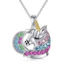 新款時尚創意設計卡通獨角獸項鏈,微鑲多彩鑽石吊墜 - 銀色 - 查看 1