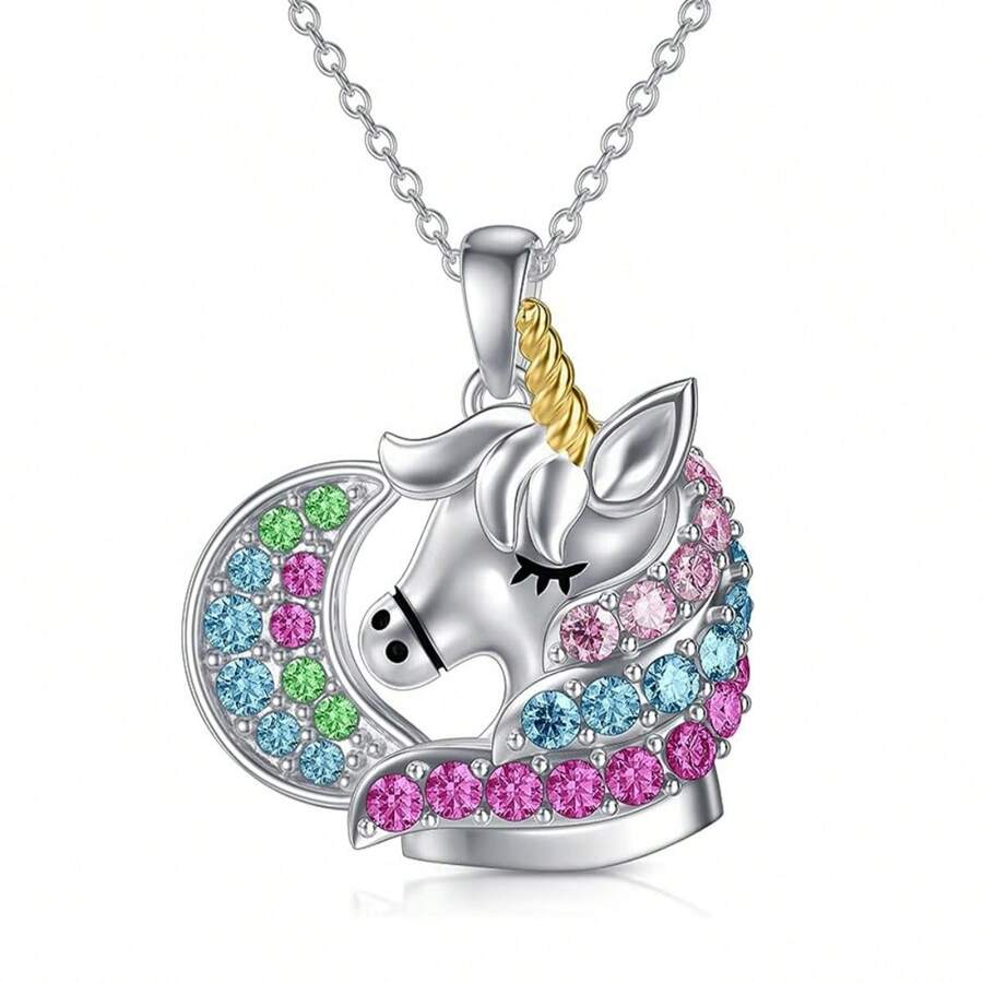 新款時尚創意設計卡通獨角獸項鏈,微鑲多彩鑽石吊墜 - 銀色 - 查看 1