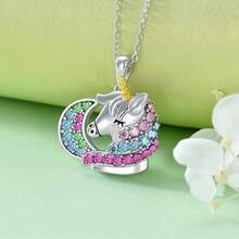 新款時尚創意設計卡通獨角獸項鏈,微鑲多彩鑽石吊墜 - 銀色 - 查看 5