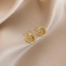 1 Par De Pendientes En Forma De Círculo Con Microincrustaciones De Diamantes De Imitación, Accesorios De Oreja Modernos Y Versátiles Para El Uso Diario De Las Mujeres - Dorado - Ver 3