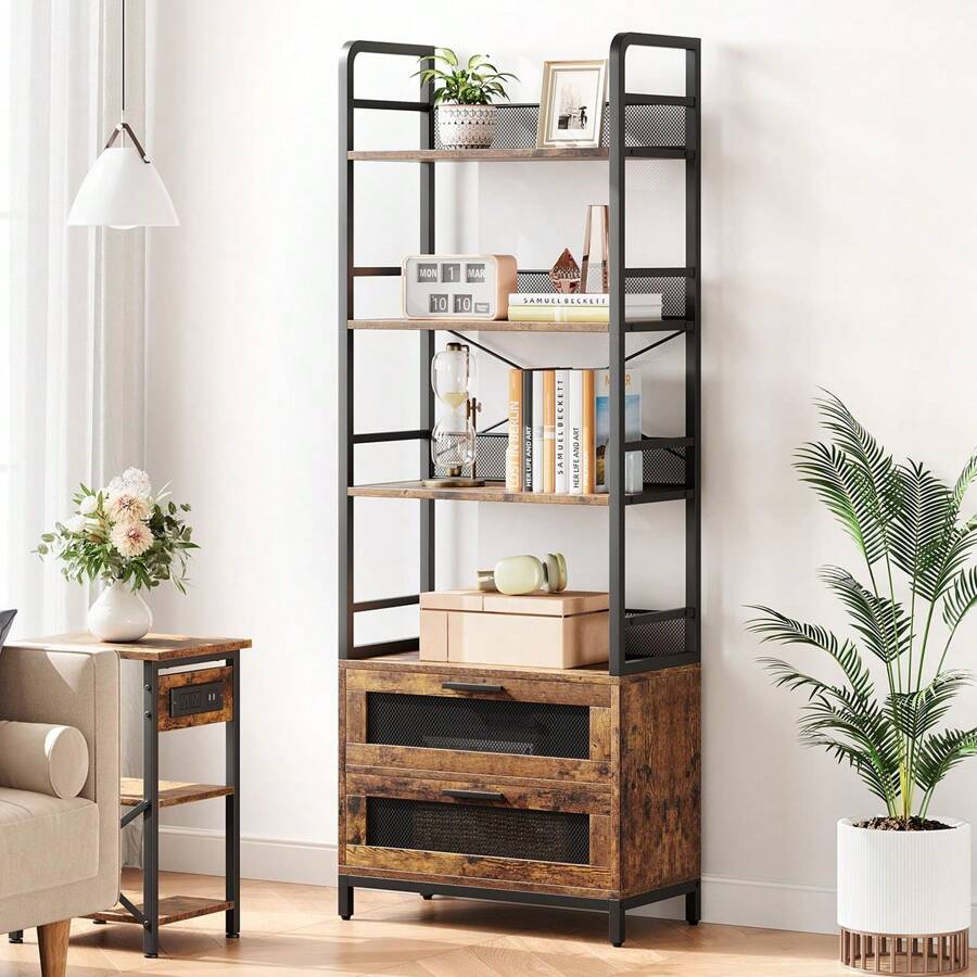 4-Layer Iron Wood Iron Mesh Cabinet Door Bookshelf,Industrial Bookshelf With Doors,Bookcase With 3 Tiers Open Storage Shelves,Farmhouse Bookshelf For Bedroom,Living Room,Home Office,Brown - 棕色 - 查看 1