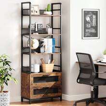 4-Layer Iron Wood Iron Mesh Cabinet Door Bookshelf,Industrial Bookshelf With Doors,Bookcase With 3 Tiers Open Storage Shelves,Farmhouse Bookshelf For Bedroom,Living Room,Home Office,Brown - 棕色 - 查看 4