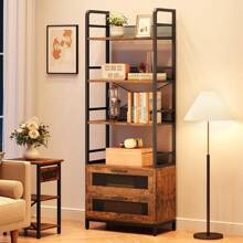 4-Layer Iron Wood Iron Mesh Cabinet Door Bookshelf,Industrial Bookshelf With Doors,Bookcase With 3 Tiers Open Storage Shelves,Farmhouse Bookshelf For Bedroom,Living Room,Home Office,Brown - 棕色 - 查看 2