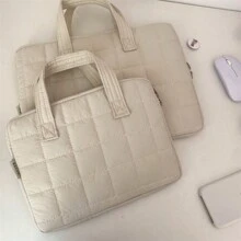 1PC Ins Style Minimalist And High-End Plaid Computer Bag, Solid Color IPad Protective Handbag Suitable For Students And Office Workers Back To School - Beige - View 9