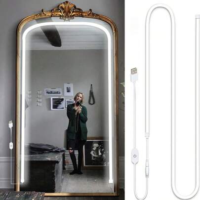 1 件 5V NeonLED 梳妆镜灯，现代风格化妆灯，亮白色可调光防水柔性灯带，适用于浴室、化妆台、更衣室（不含镜子）