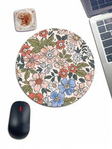 1pc Red Floral Mouse Pad With Anti-Slip Rubber Base, Round Mini Size, Compatible With Wireless Or Wired Mouse, Washable Gaming Desk Mat For Home/Office - Multicolor - View 2