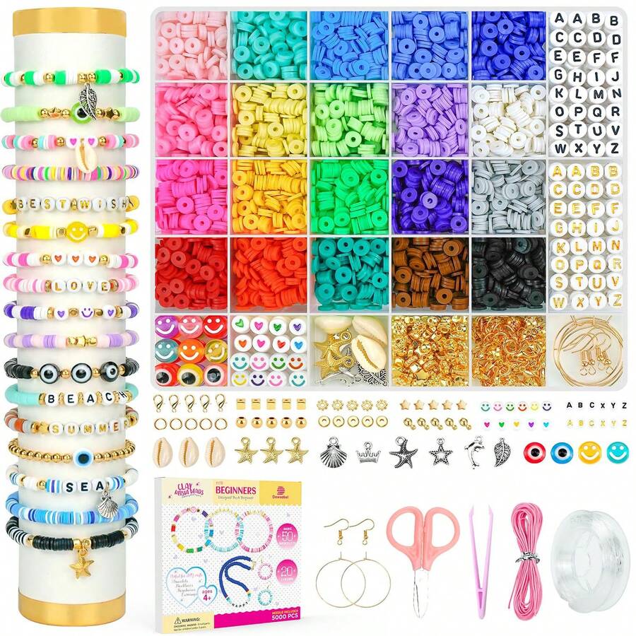 Bộ dụng cụ làm vòng tay bằng hạt đất sét cho người mới bắt đầu - Bao gồm 5000 hạt đất sét polymer tròn dẹt có phụ kiện mặt dây chuyền, lý tưởng để làm đồ trang sức, nghệ thuật và thủ công tự làm - Quà tặng sinh nhật và đồ chơi phù hợp cho trẻ em từ 6-12 tuổi, tương tác giữa cha mẹ và con cái, cặp đôi, vợ chồng làm quà tặng nghệ thuật và thủ công