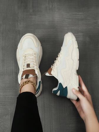 Women's Casual Sports Shoes, Breathable Mesh Leather Patchwork Running Shoes, Fashionable Personalized Casual Sneakers For Female Students, Outdoor, Party, Lightweight Comfortable Walking Shoes For Women, All Season