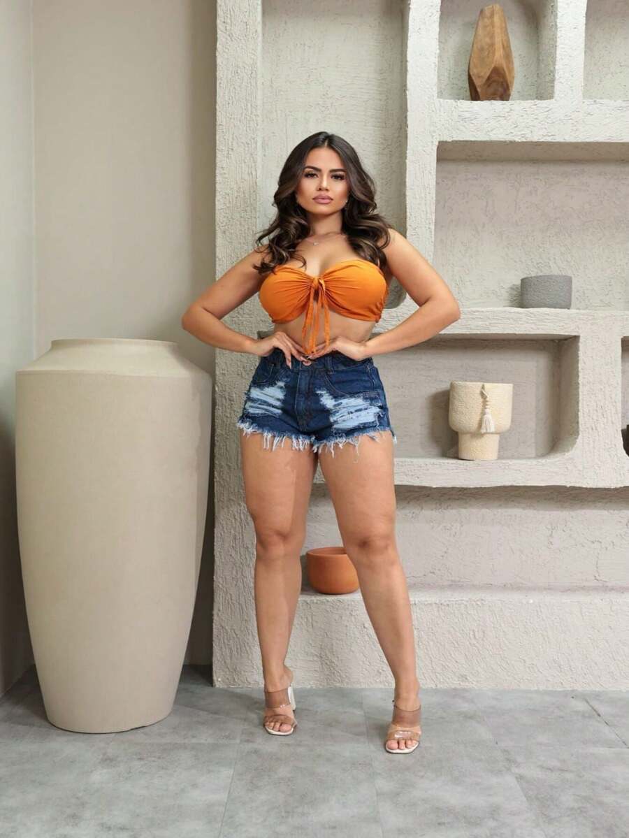 Women Denim Shorts - 深色水洗藍 - 查看 1