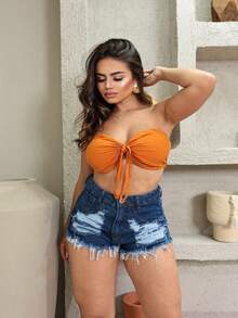 Women Denim Shorts - 深色水洗藍 - 查看 2