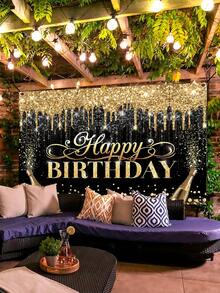 1入組生日快樂背景布,聚酯纖維材質,黑金色,閃亮鑽石,香檳,派對裝飾攝影背板 - 黑色 - 查看 5