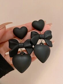 1 对心形蝴蝶结装饰耳环，适合女性日常佩戴和节日 - 黑色 - 查看 2
