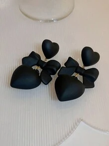 1 对心形蝴蝶结装饰耳环，适合女性日常佩戴和节日 - 黑色 - 查看 3