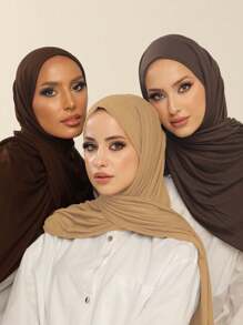 3 pièces Ensemble de hijabs en jersey abordables, écharpe longue de 170*60 cm en couleur unie classique et soyeuse. Convient pour un usage quotidien, décontracté, extérieur, comme cadeau.
