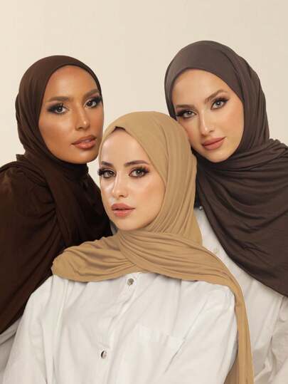 3 件套平价针织头巾套装，经典纯色丝质 170*60 厘米长围巾头巾披肩，适合日常、休闲、户外、礼物