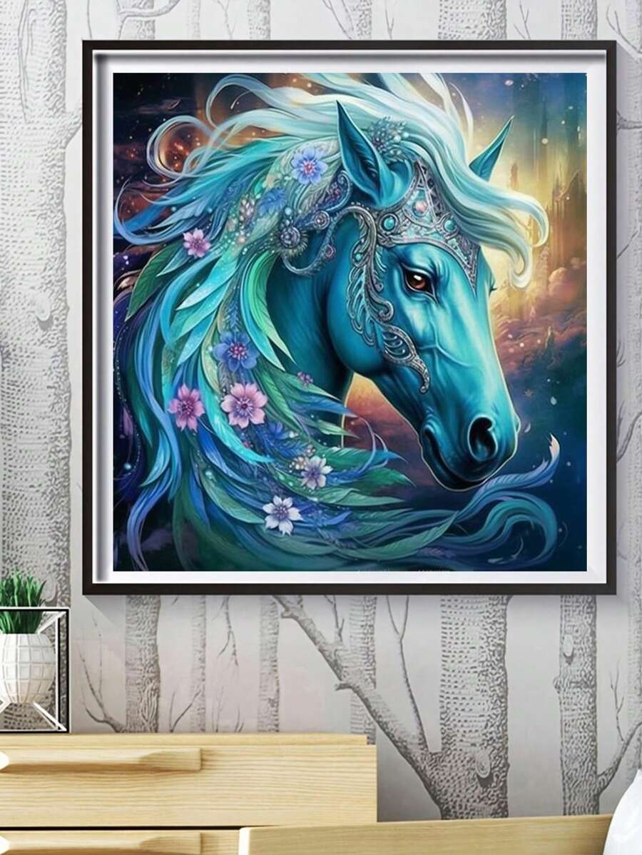 1 件钻石画马图像 5D 钻石画十字绣套件钻装饰礼物 DIY 马赛克艺术工艺品适合成人初学者，圆形钻石全钻石钻石点画生日礼物，非常适合家庭和房间墙壁装饰，30x30cm - 彩色 - 查看 1