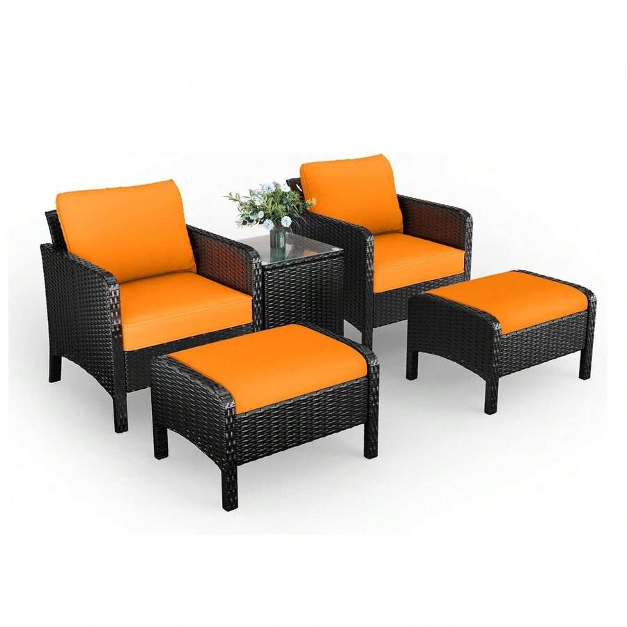 Pirecart 5 Pieces Patio Furniture Set, Outdoor Sectional Sofa PE Rattan Wicker Chairs With Ottomans, Cushioned Conversation Chairs Sets With Small Side Table For Deck Patio Garden - 橘色 - 查看 1